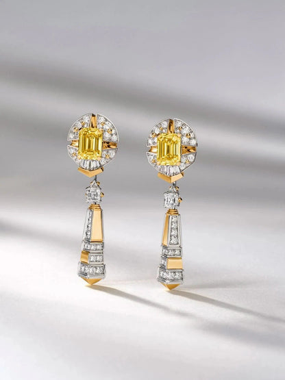 Art Deco Inspired Yellow & White Diamond Drop Earrings