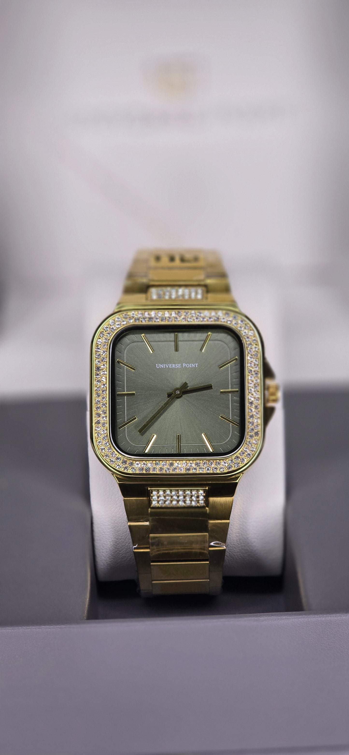 Gold Crystal-Bezel Square Dress Watch