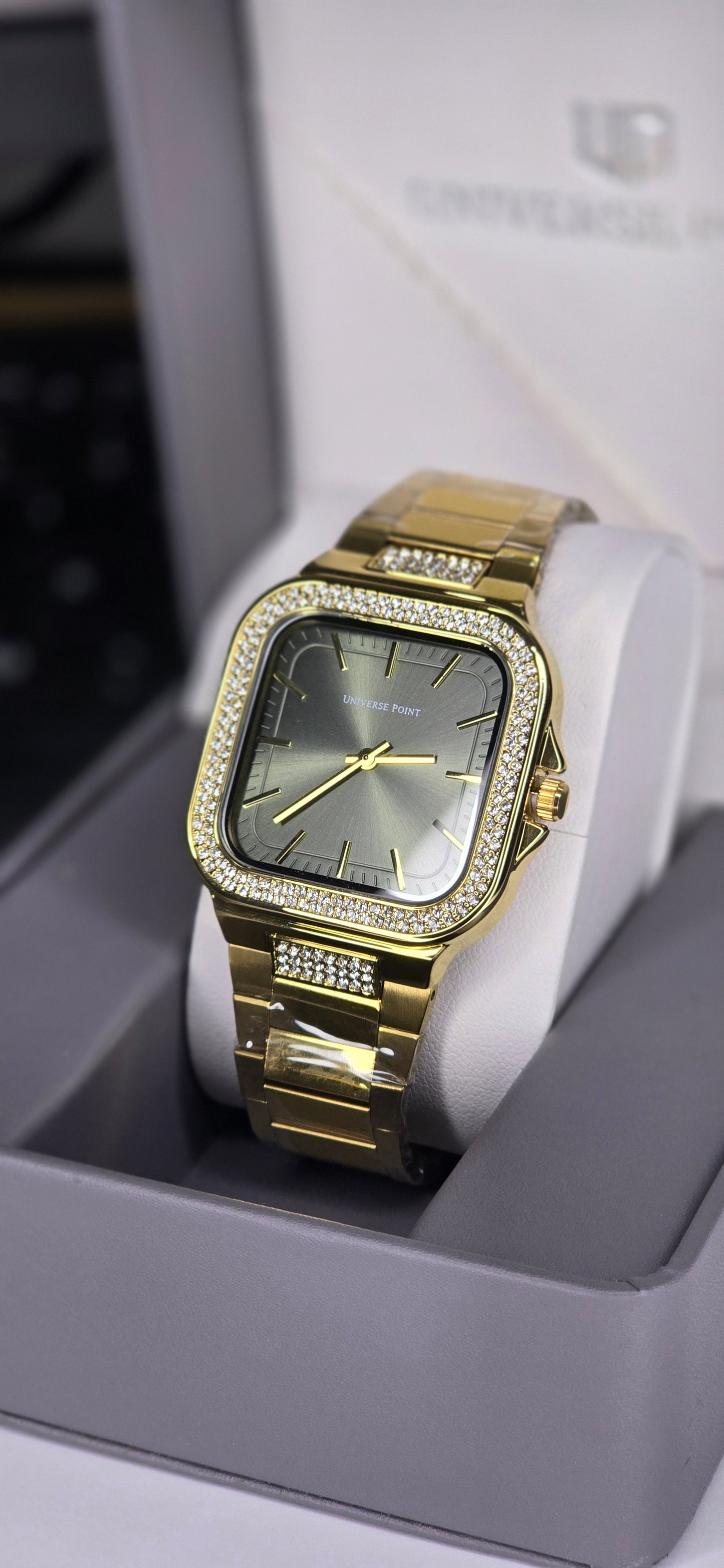 Gold Crystal-Bezel Square Dress Watch