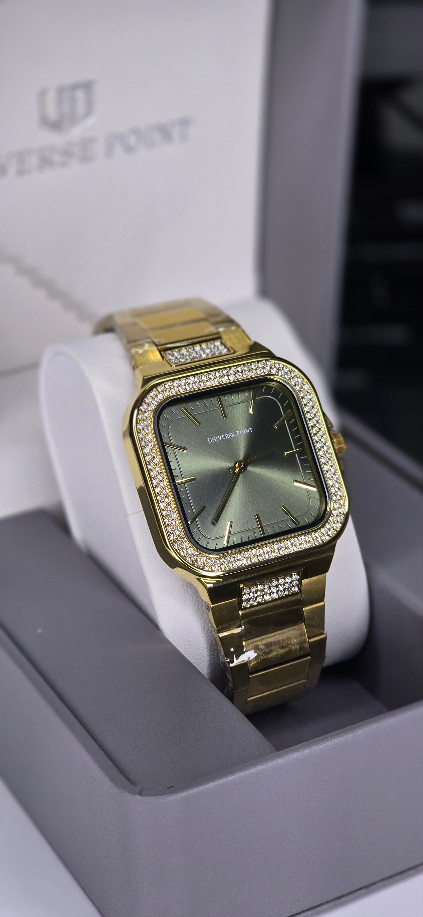 Gold Crystal-Bezel Square Dress Watch
