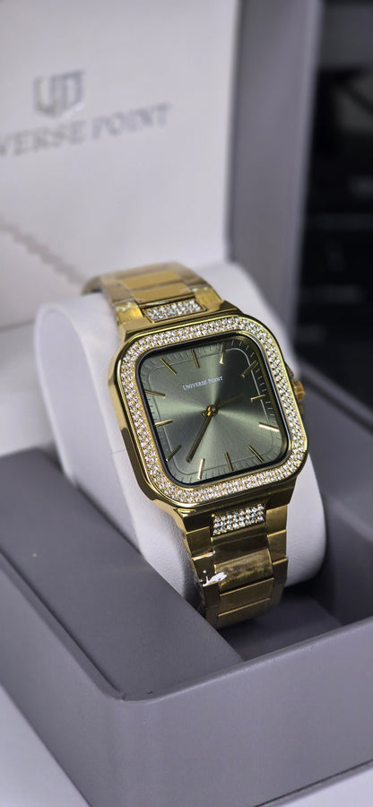 Gold Crystal-Bezel Square Dress Watch