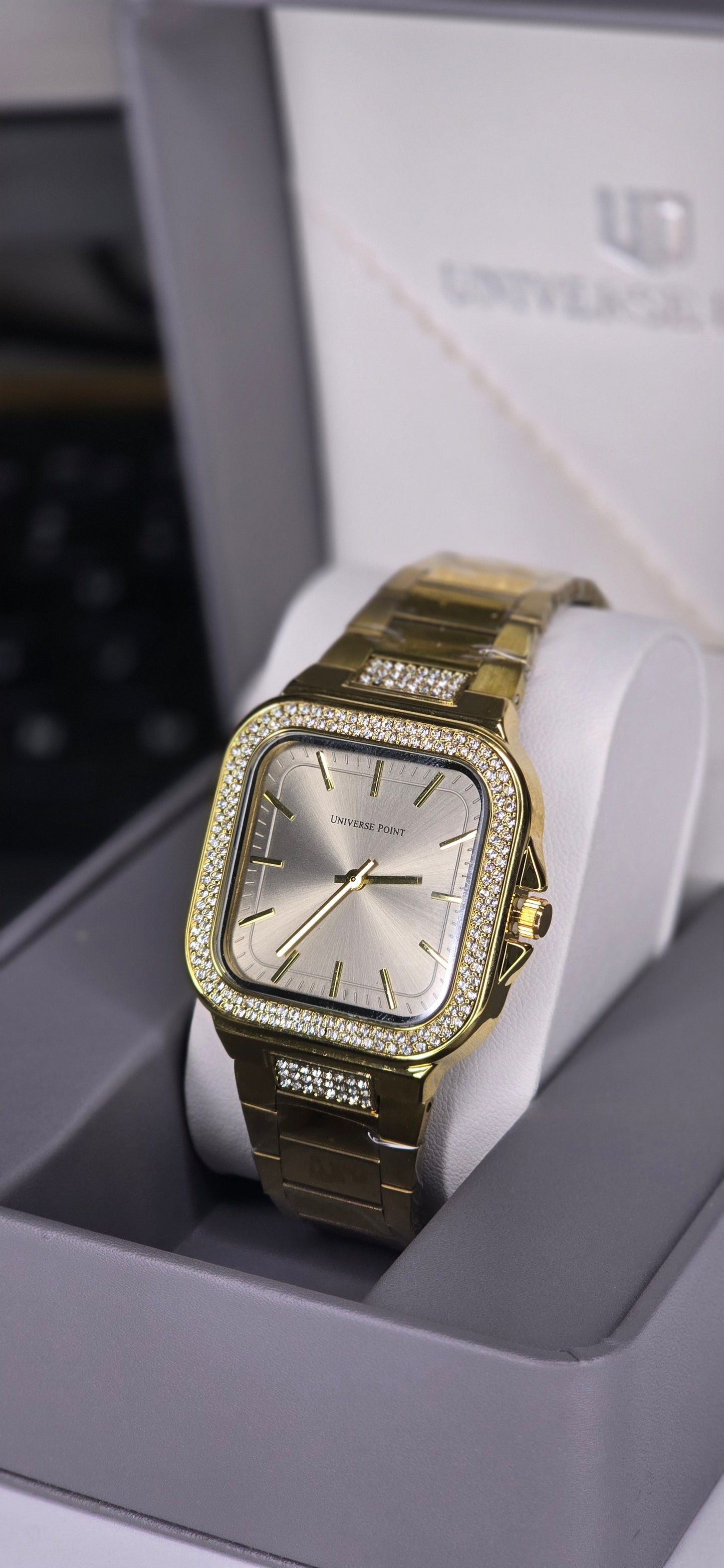 Gold-Tone Iced Out Square Quartz Watch