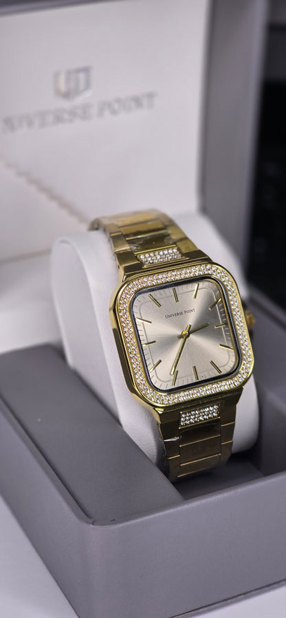 Gold-Tone Iced Out Square Quartz Watch