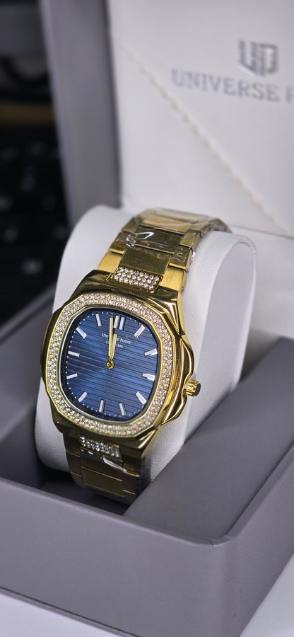 Gold & Blue Diamond-Style Watch