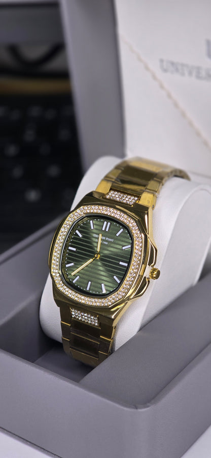 Gold & Olive Green Iced-Out Men’s Watch