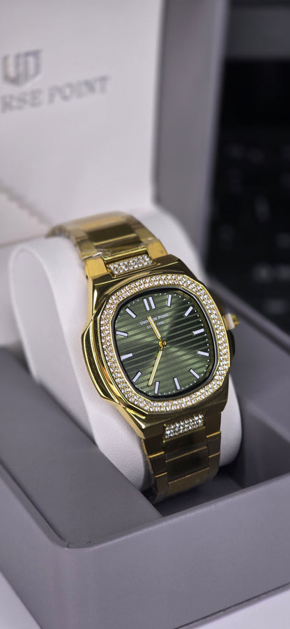 Gold & Olive Green Iced-Out Men’s Watch