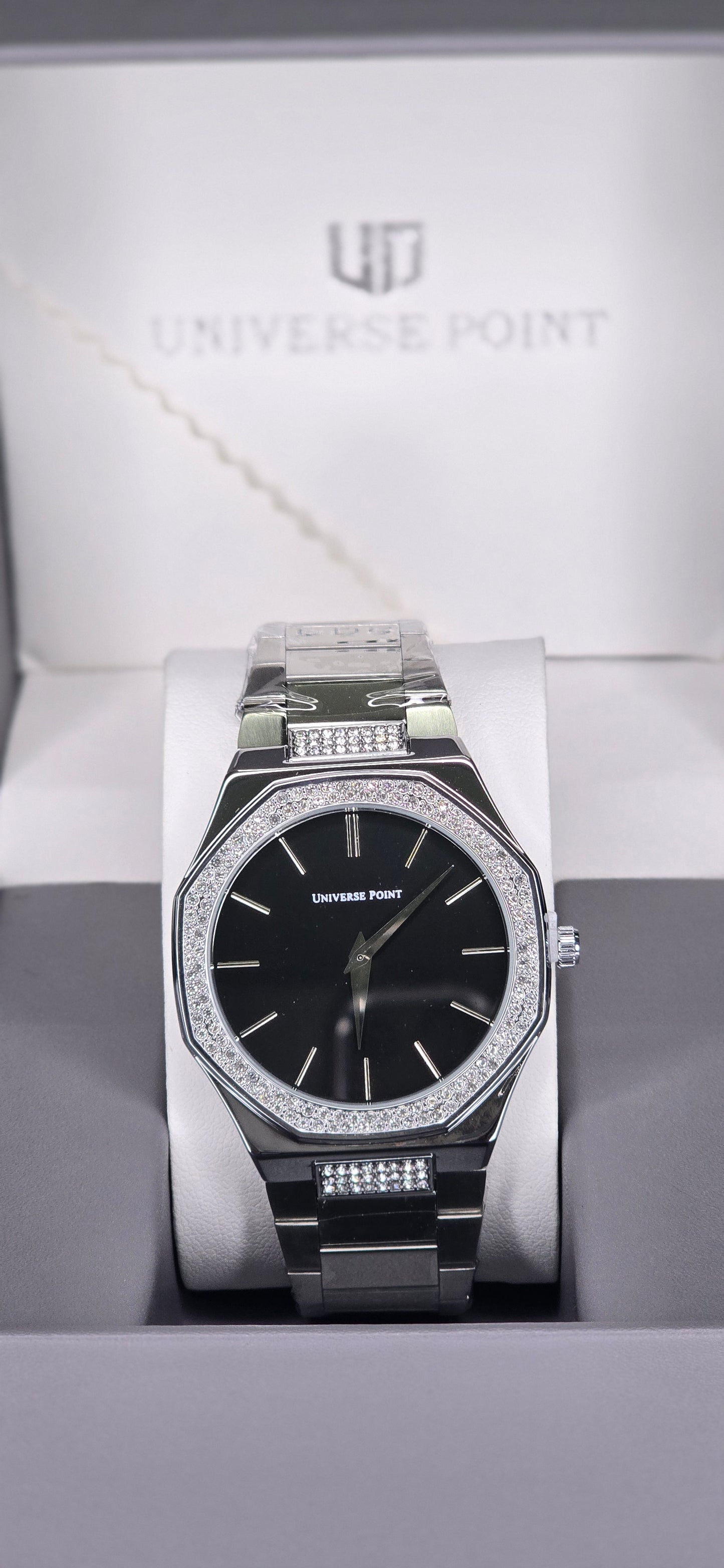 Men’s Crystal-Bezel Octagonal Stainless Steel Watch