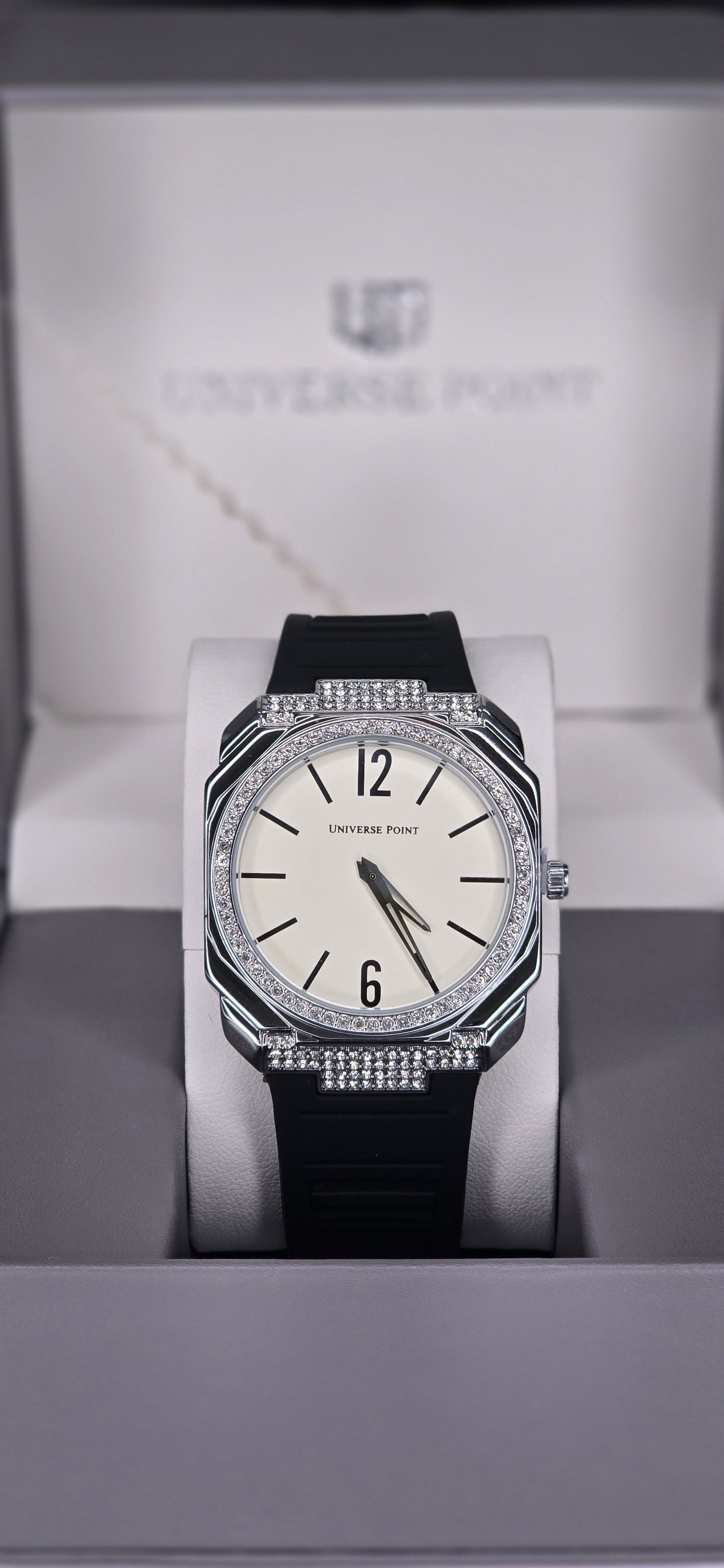 Diamond-Bezel Silver & Black Rubber Strap Watch