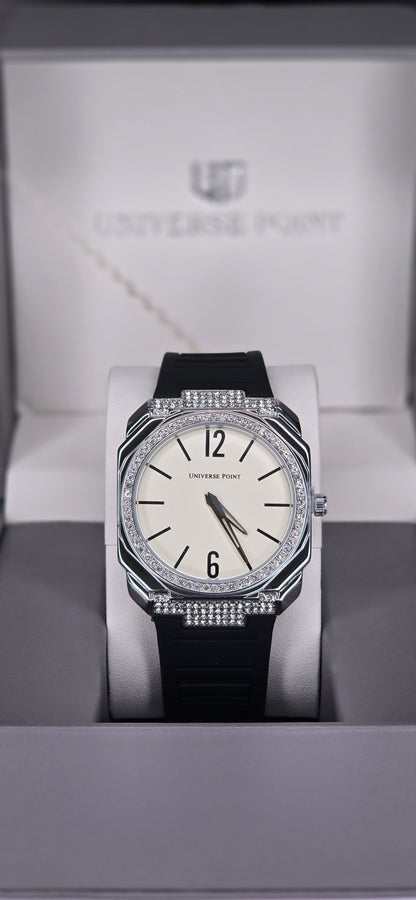 Diamond-Bezel Silver & Black Rubber Strap Watch