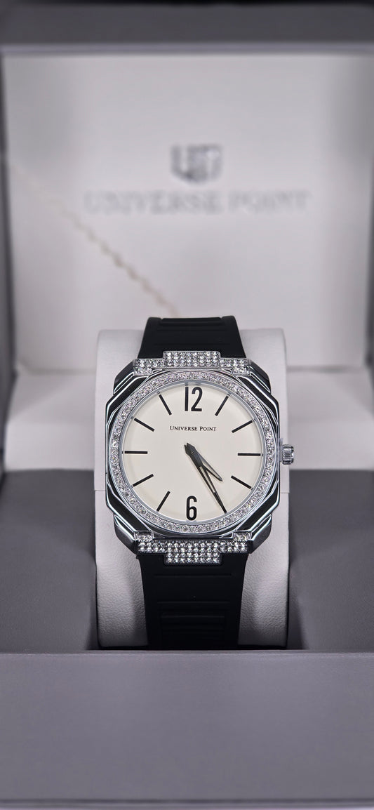 Diamond-Bezel Silver & Black Rubber Strap Watch