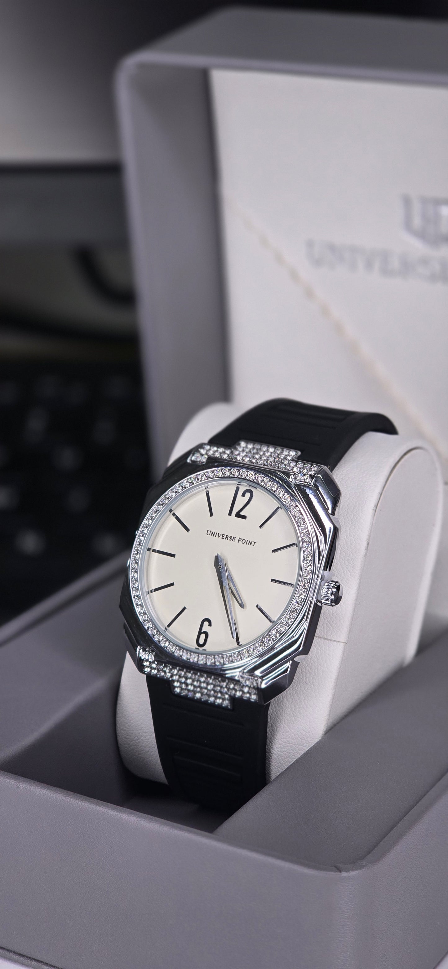 Diamond-Bezel Silver & Black Rubber Strap Watch