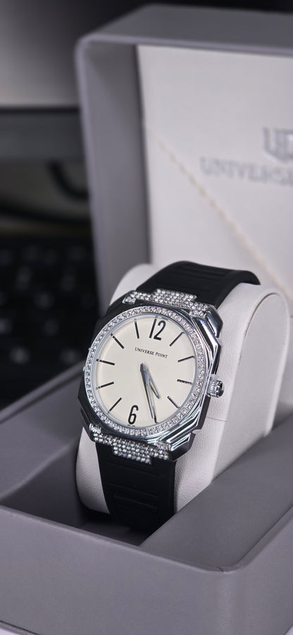 Diamond-Bezel Silver & Black Rubber Strap Watch