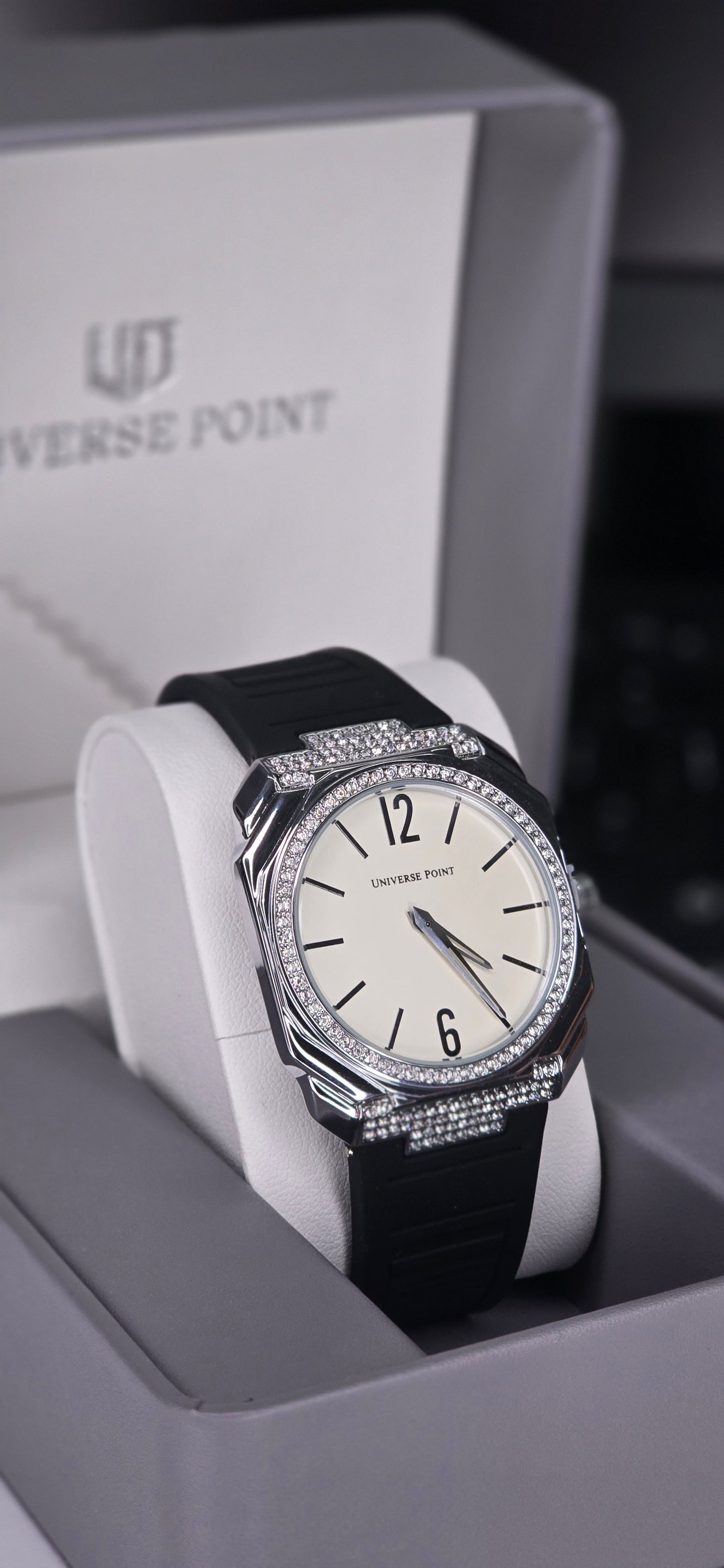 Diamond-Bezel Silver & Black Rubber Strap Watch