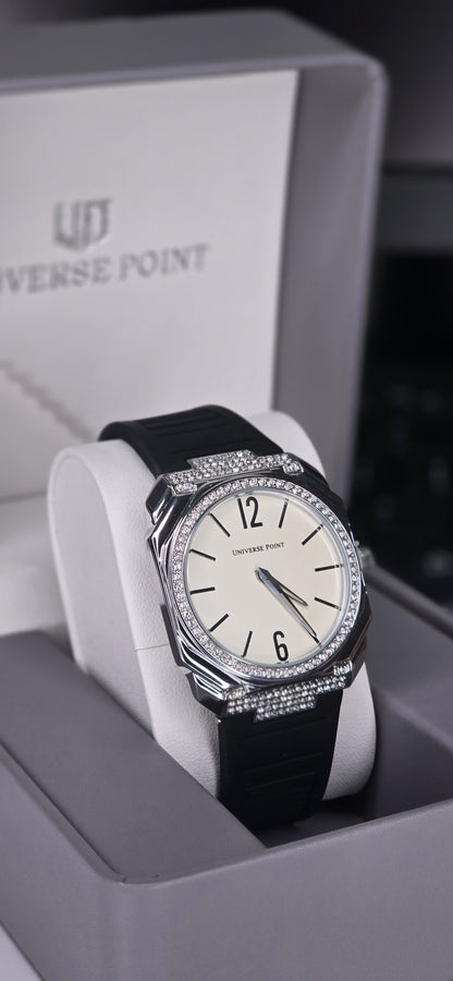 Diamond-Bezel Silver & Black Rubber Strap Watch