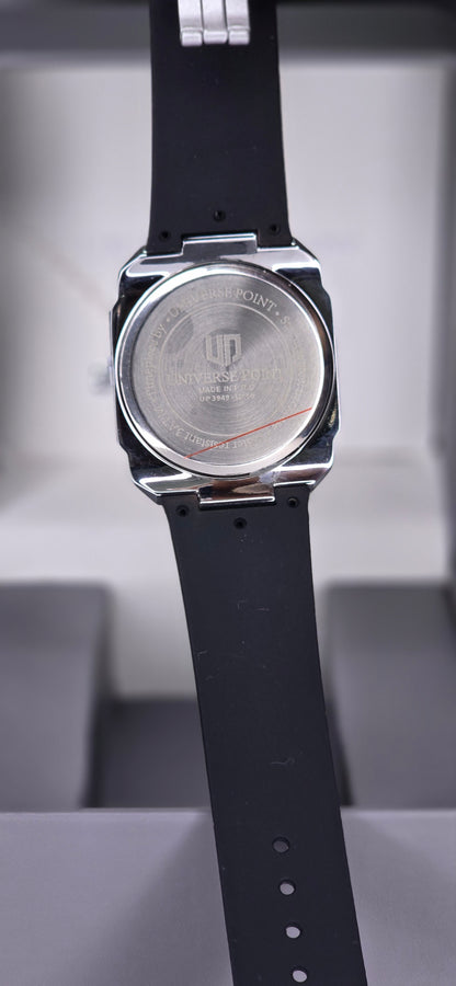 Diamond-Bezel Silver & Black Rubber Strap Watch