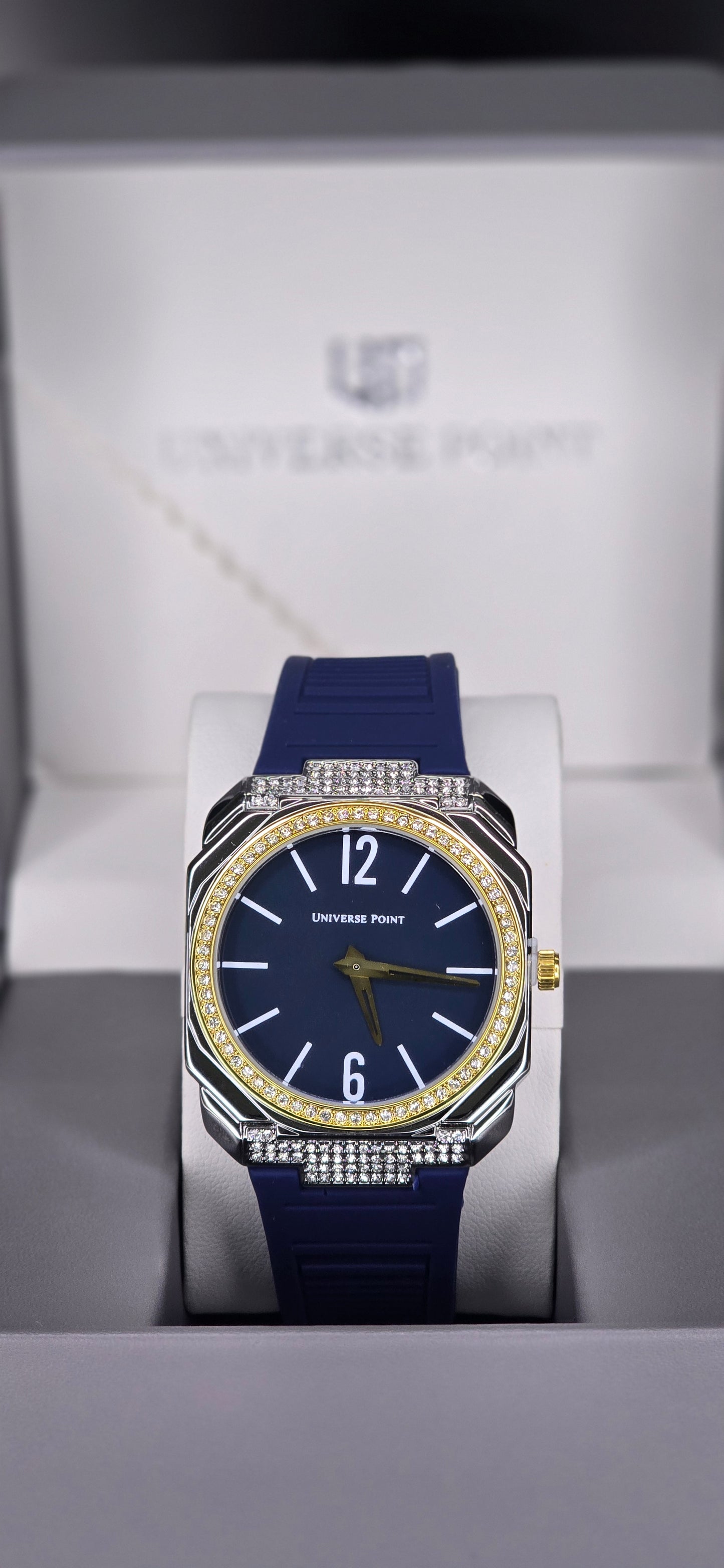 Two-Tone Crystal Accent Watch with Blue Silicone Strap