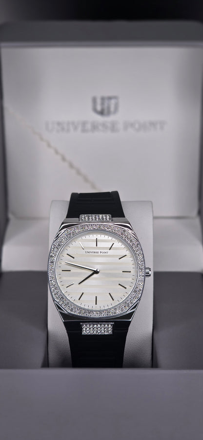 Iced-Out Bezel Quartz Watch with Black Rubber Strap