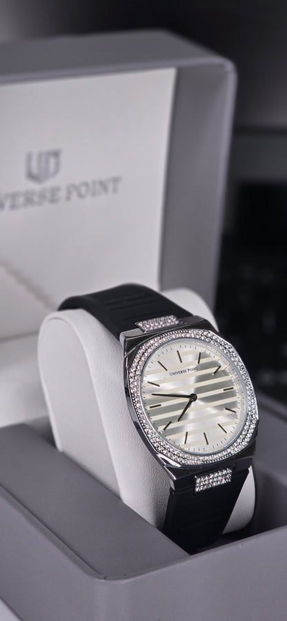 Iced-Out Bezel Quartz Watch with Black Rubber Strap