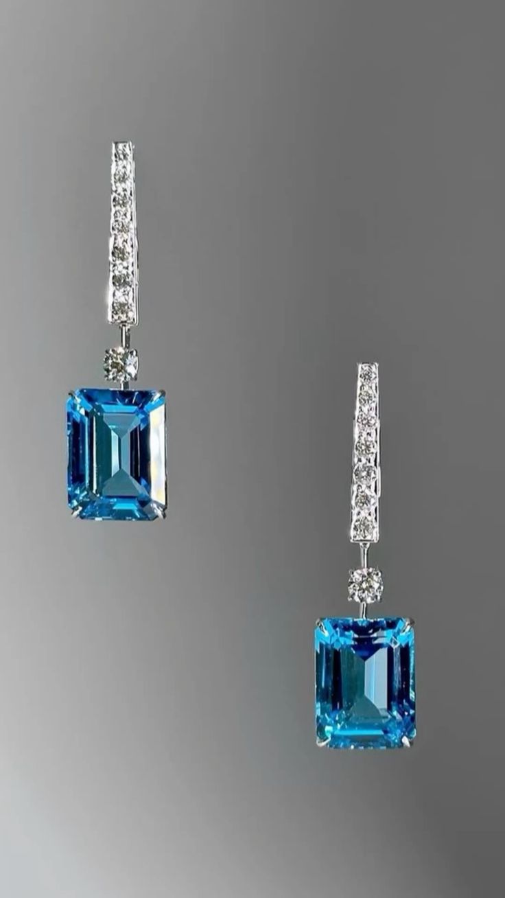 Emerald-Cut Blue Topaz & Diamond Drop Earrings