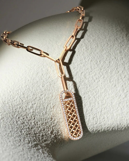 Diamond Lattice Tag Pendant Paperclip Chain Necklace