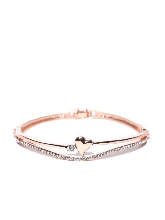 Elegant Rose Gold Heart Charm Cubic Zirconia Bangle Bracelet