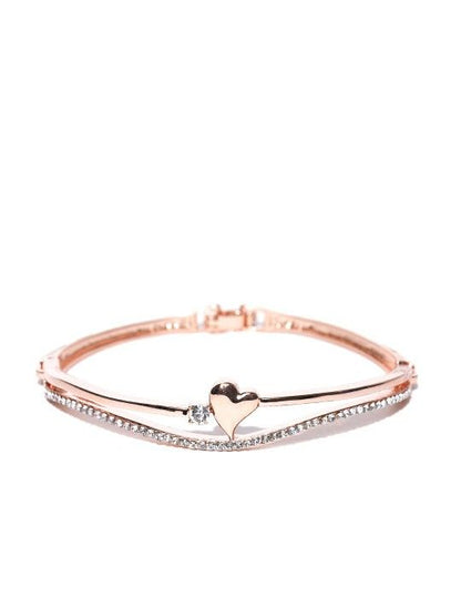 Elegant Rose Gold Heart Charm Cubic Zirconia Bangle Bracelet