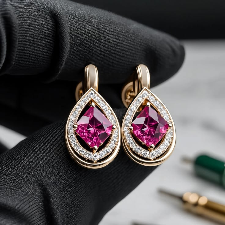Stunning Rose Gold Teardrop Earrings with Vibrant Magenta Centerpiece