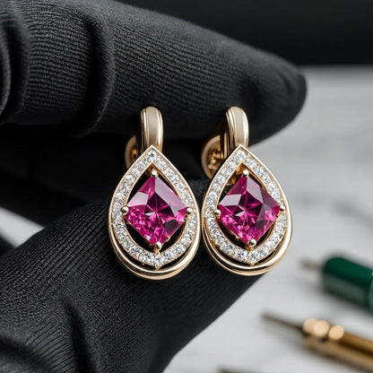 Stunning Rose Gold Teardrop Earrings with Vibrant Magenta Centerpiece