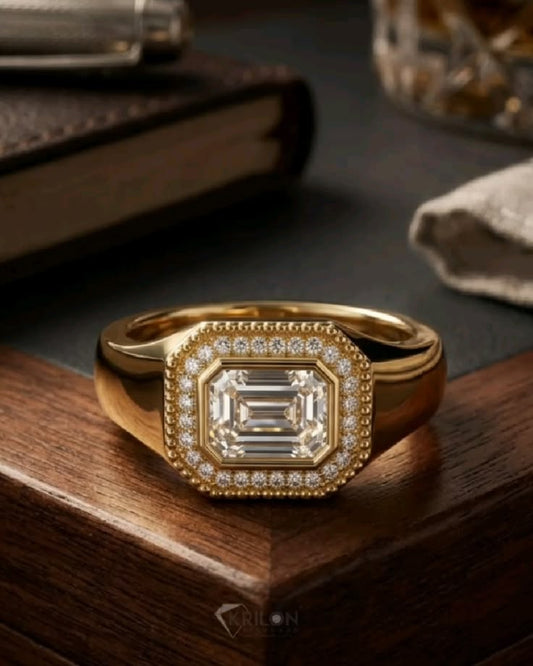 Emerald-Cut Diamond Signet Ring with Halo Accent