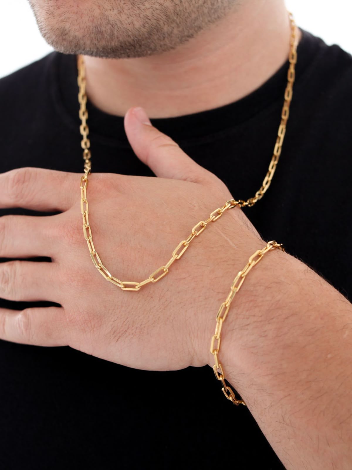 Men's Gold Paperclip Chain & Bracelet Set