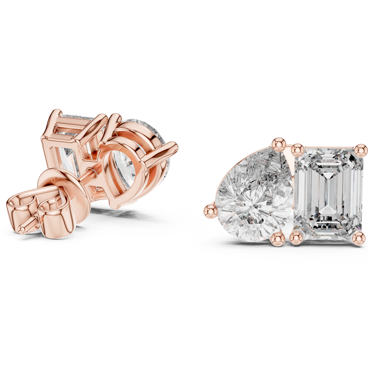 Asymmetric Pear and Emerald Cut Diamond Stud Earrings