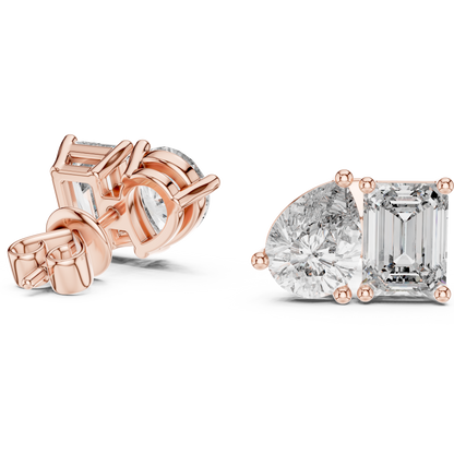 Asymmetric Pear and Emerald Cut Diamond Stud Earrings
