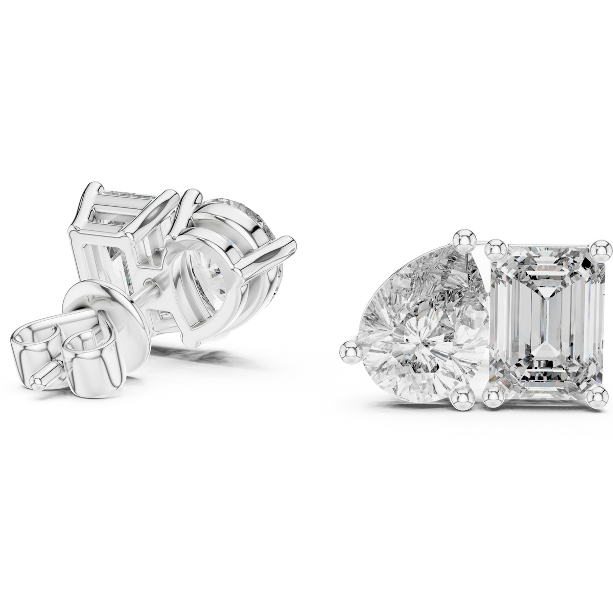 Asymmetric Pear and Emerald Cut Diamond Stud Earrings