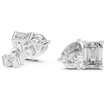 Asymmetric Pear and Emerald Cut Diamond Stud Earrings