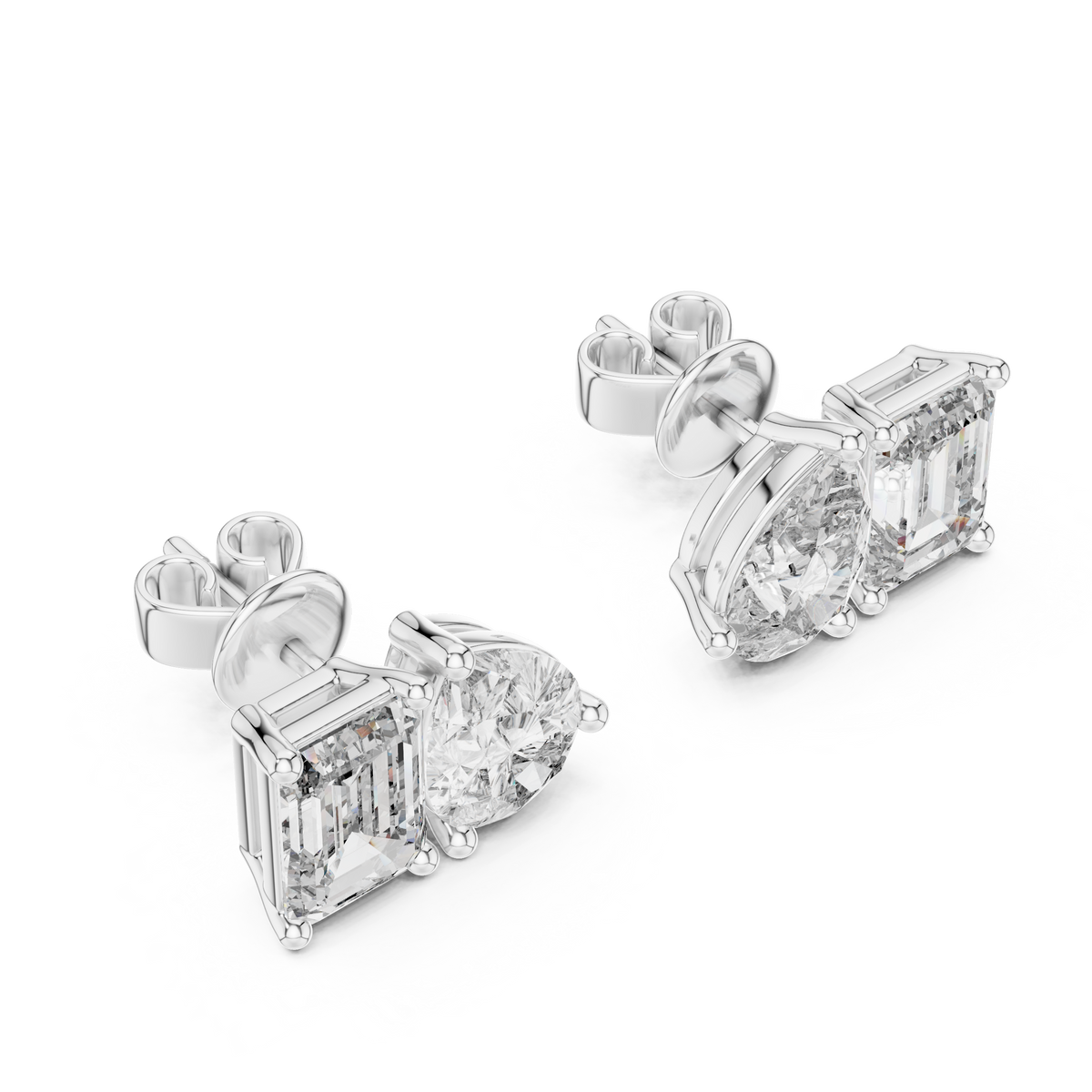 Asymmetric Pear and Emerald Cut Diamond Stud Earrings