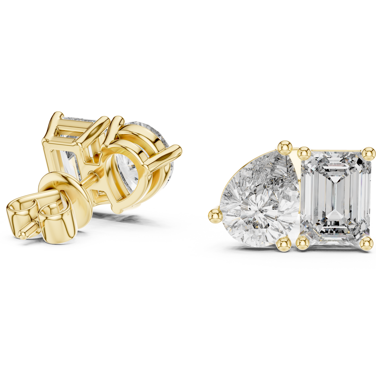 Asymmetric Pear and Emerald Cut Diamond Stud Earrings