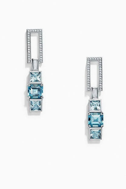 Elegant Art Deco Inspired Aquamarine & Diamond Geometric Drop Earrings