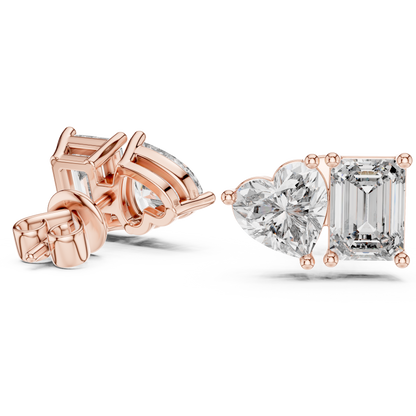 Asymmetric Heart & Emerald Cut Diamond Stud Earrings