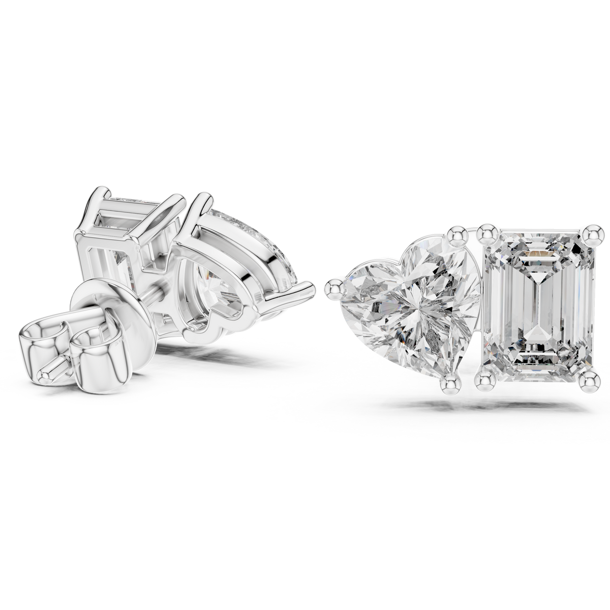 Asymmetric Heart & Emerald Cut Diamond Stud Earrings