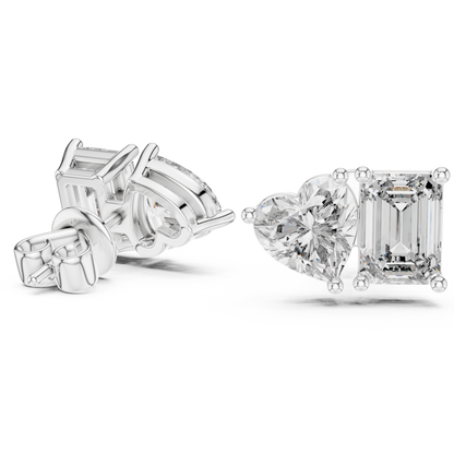 Asymmetric Heart & Emerald Cut Diamond Stud Earrings