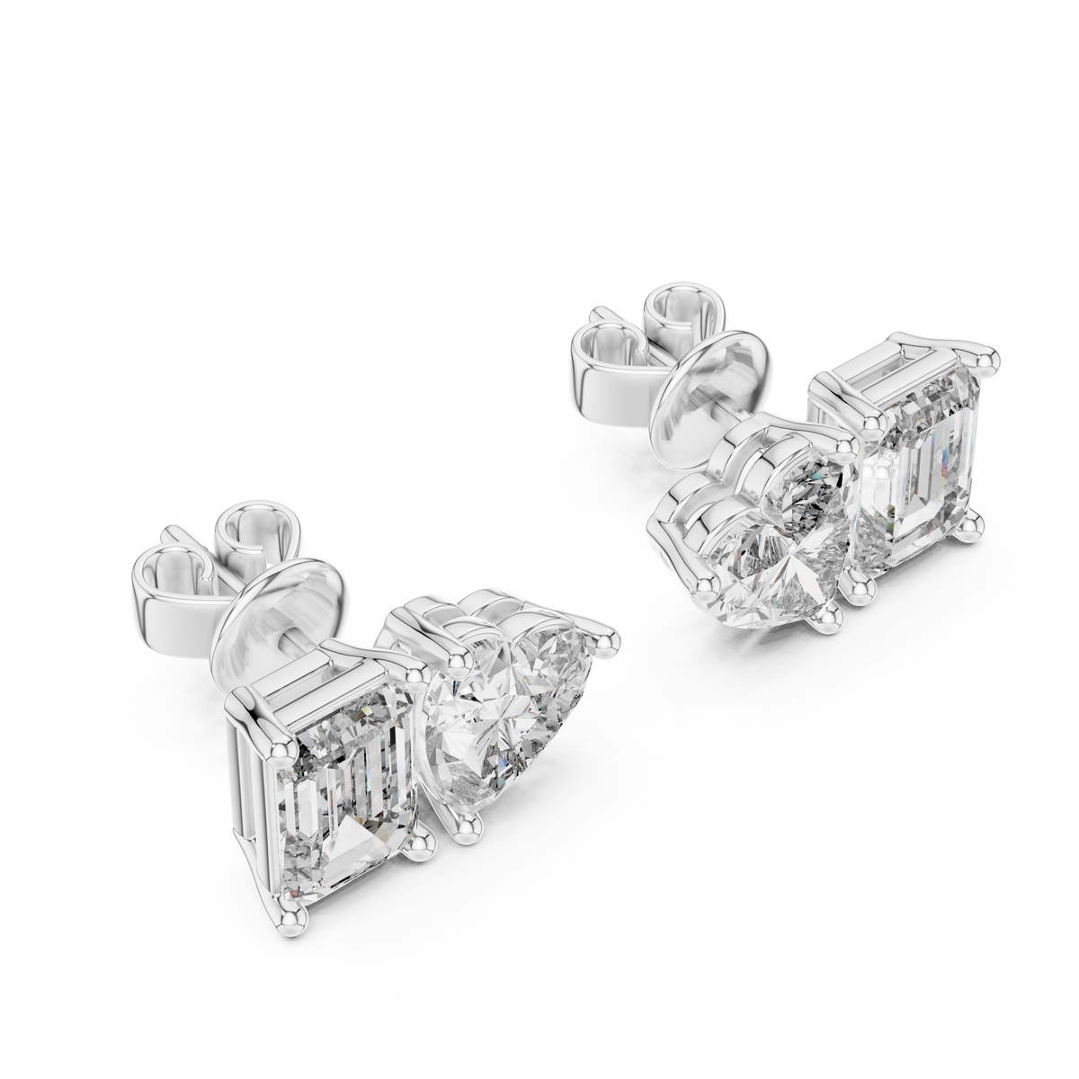 Asymmetric Heart & Emerald Cut Diamond Stud Earrings