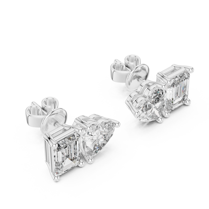 Asymmetric Heart & Emerald Cut Diamond Stud Earrings
