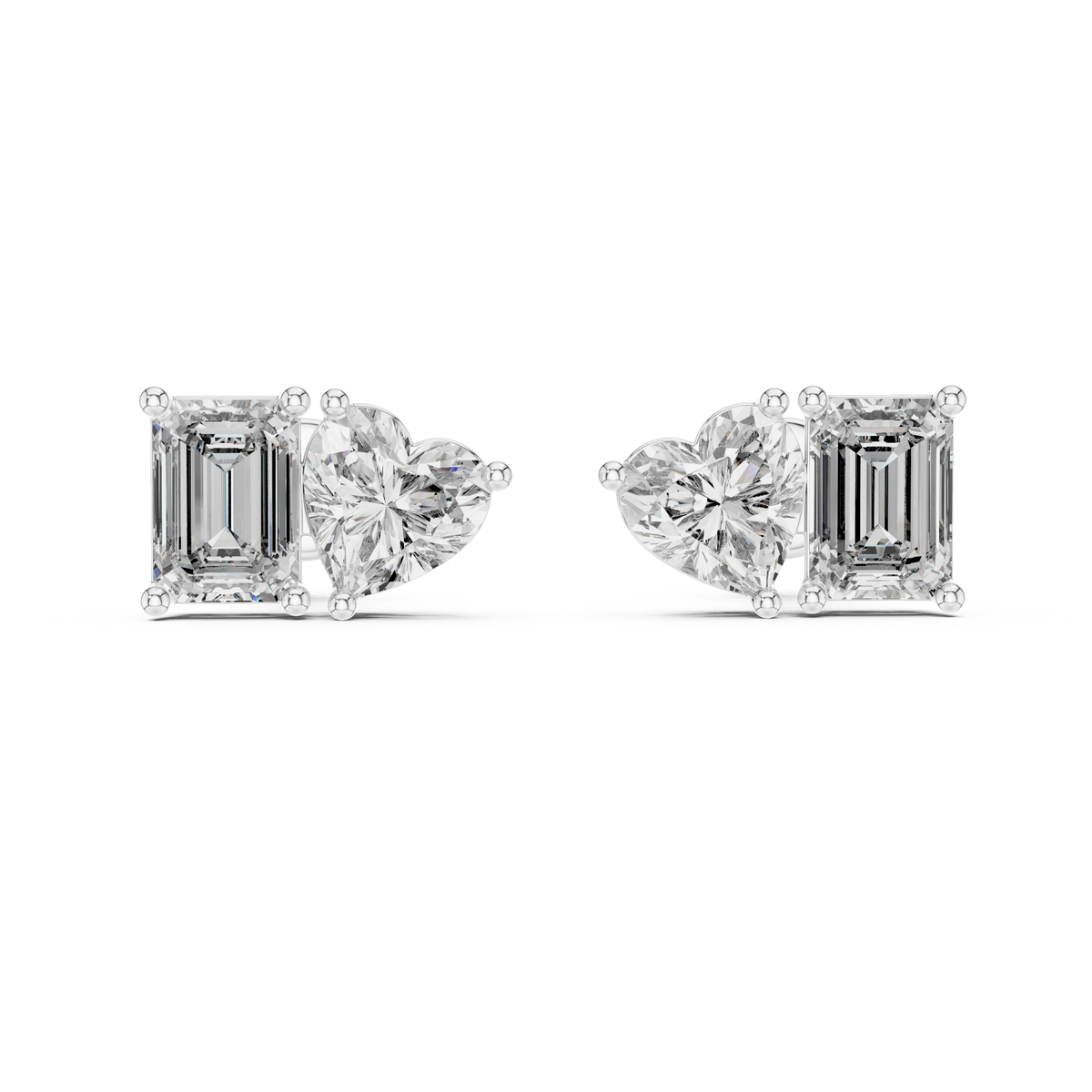 Asymmetric Heart & Emerald Cut Diamond Stud Earrings