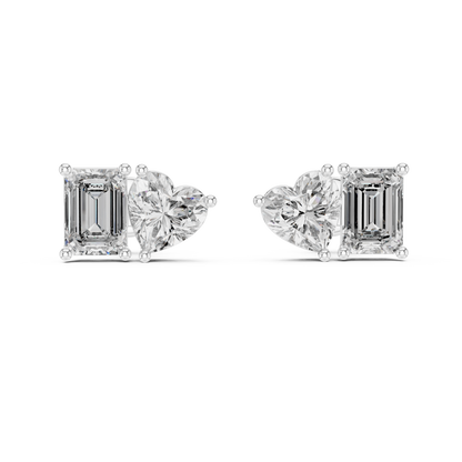 Asymmetric Heart & Emerald Cut Diamond Stud Earrings