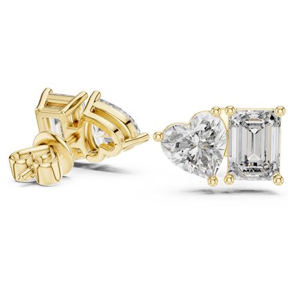 Asymmetric Heart & Emerald Cut Diamond Stud Earrings