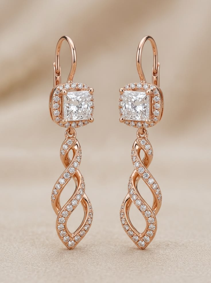 Princess Cut Halo Dangle Earrings