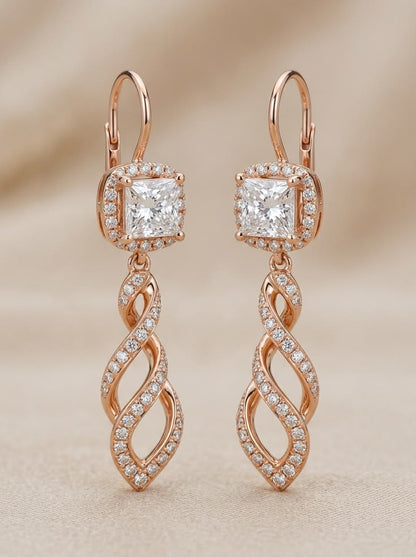 Princess Cut Halo Dangle Earrings