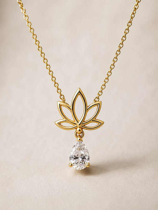 🌟 Elegant Gold Lotus & Pear-Cut Diamond Pendant Necklace