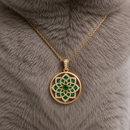 Stunning Gold & Emerald Mandala Pendant Necklace