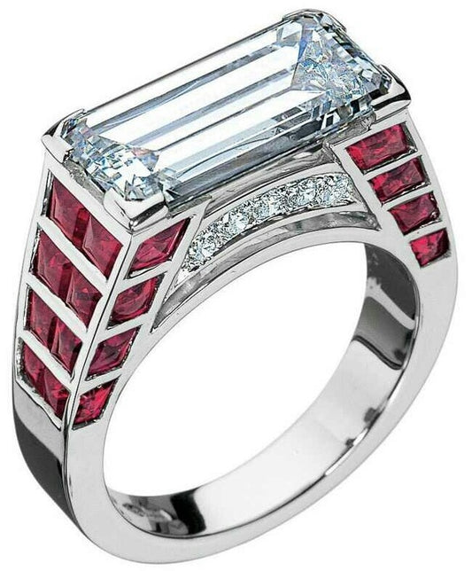 Art Deco East-West Emerald-Cut Diamond & Ruby Statement Ring